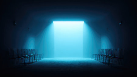 Conference room with projector lens casting light onto an empty screen, chairs pushed in neatlyの素材