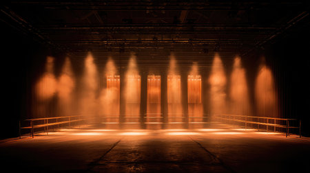 Theater lighting grid shining down on a stage in a hybrid cinema-theater setupの素材