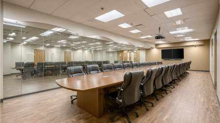Glass-walled conference room with recessed lighting, large table, and overhead projector setupの素材