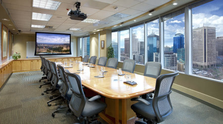 Executive-style meeting room showing high-quality projection system and ergonomic office chairsの素材