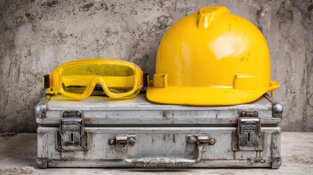 Industrial hard hat placed neatly on a metal toolbox with safety goggles beside itの素材