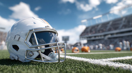 Sports helmet on artificial turf field with scattered equipment and blurred stadium seatsの素材