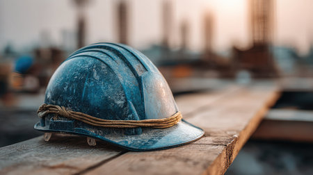 Close-up of a construction helmet resting on a wooden beam at a building site with blurred backgroundの素材