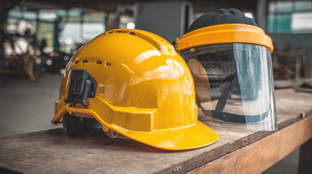 Industrial safety helmet and face shield resting on a dusty workshop benchの素材