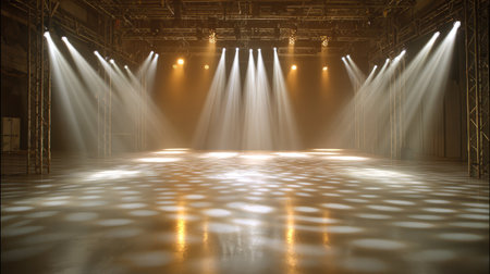 Theater lighting grid shining down on a stage in a hybrid cinema-theater setupの素材