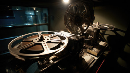 Old-school film projector with reels turning in a shadowy projection boothの素材