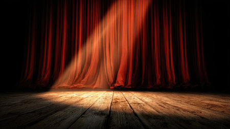 Golden light spilling from behind red theater curtains onto a polished wooden floorの素材