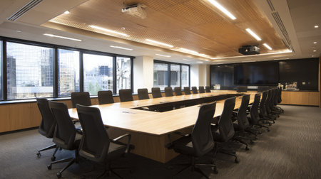Executive-style meeting room showing high-quality projection system and ergonomic office chairsの素材