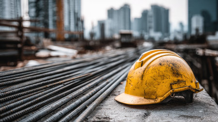 Yellow hard hat placed on concrete slab next to steel rebar rods at a construction siteの素材