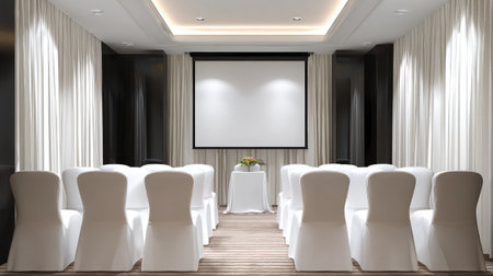 Office meeting room interior with projector setup, chairs pushed in, and presentation screen in the backgroundの素材