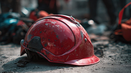 Red firefighter helmet sitting on concrete with fire equipment in the backgroundの素材