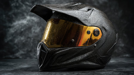 Motorcycle helmet with reflective visor set against a black textured backdropの素材