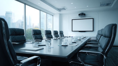 Wide-angle shot of a stylish boardroom with a mounted projector and whiteboard, clean and professional setupの素材