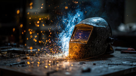 Welding helmet placed on a metal workbench surrounded by sparks and steel scrapsの素材
