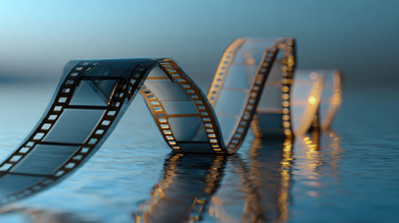Filmstrip coiled loosely across a reflective surface with soft backlightの素材