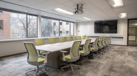 Neat interior of boardroom with a projector mounted and chairs aligned along a long conference tableの素材