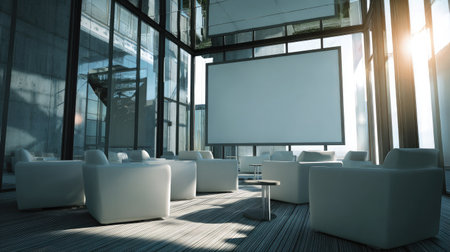 Projector casting an empty white screen in a modern conference room with glass walls and neat furnitureの素材