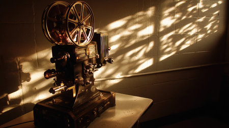 Old-school film projector with reels turning in a shadowy projection boothの素材