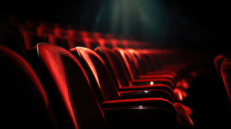Empty red velvet cinema seats lined up in perfect rows with soft lighting and dramatic shadowsの素材