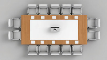 Top-down view of a conference room table with projector hanging above and no people presentの素材