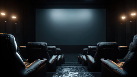 Modern cinema screen glowing in a dark room with empty luxury recliner seatsの素材
