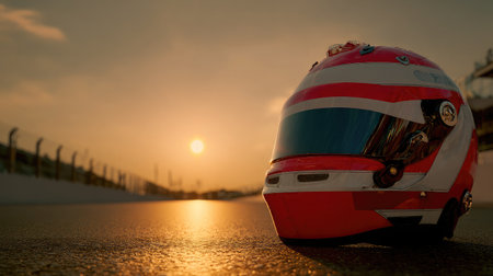 Red and white racing helmet sitting on a glossy track surface under morning lightの素材