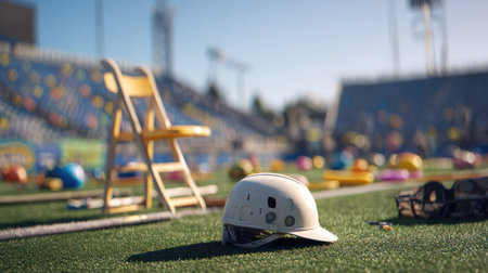 Sports helmet on artificial turf field with scattered equipment and blurred stadium seatsの素材