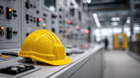 Safety helmet on a control panel inside a factory with blurred machines in backgroundの素材
