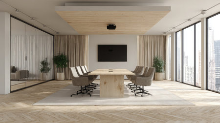 Spacious office room with a large central table, modern chairs, and ceiling projector positioned perfectlyの素材