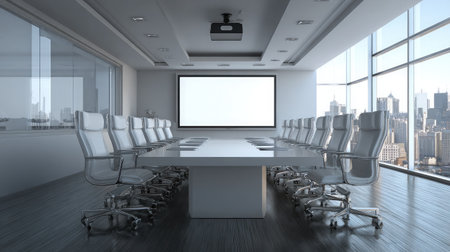 Modern conference room with ceiling-mounted projector and empty chairs neatly arranged around a sleek table, ready for a presentationの素材