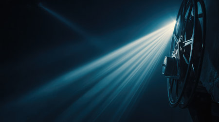 Dramatic lighting shining through film projector reels onto a cinema wallの素材