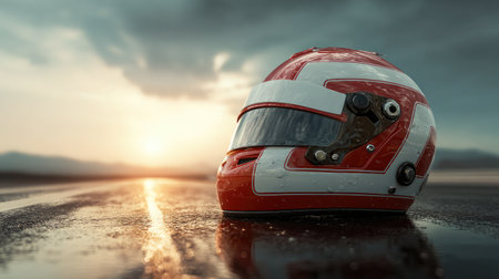 Red and white racing helmet sitting on a glossy track surface under morning lightの素材