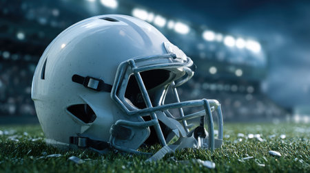 Sports helmet on artificial turf field with scattered equipment and blurred stadium seatsの素材