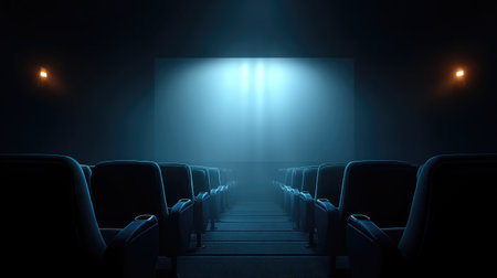 Modern cinema screen glowing in a dark room with empty luxury recliner seatsの素材