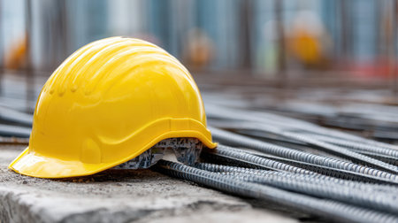 Yellow hard hat placed on concrete slab next to steel rebar rods at a construction siteの素材