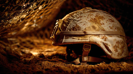 Tactical military helmet on camo netting, illuminated by harsh directional lightの素材