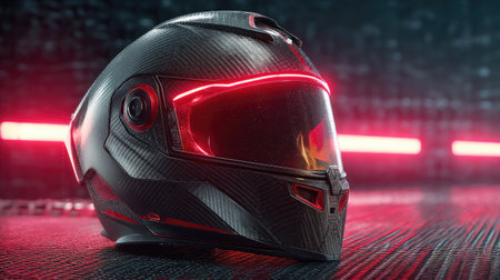 High-tech motorcycle helmet displayed on a carbon fiber surface under studio lightingの素材