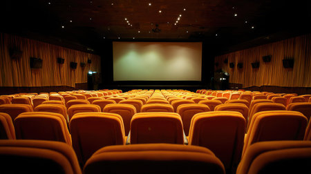 Rear view of an empty movie theater showing the rows of seats and large blank screenの素材
