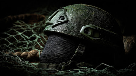 Tactical military helmet on camo netting, illuminated by harsh directional lightの素材