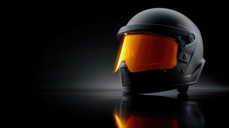 Motorcycle helmet with reflective visor set against a black textured backdropの素材