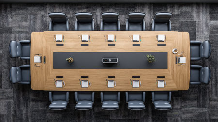 Top-down view of a conference room table with projector hanging above and no people presentの素材
