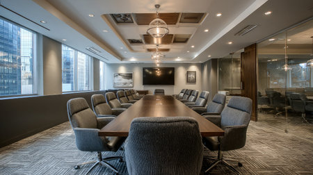 Sleek office boardroom with a high-definition projector setup and symmetrical chairs aligned around the tableの素材