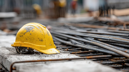 Yellow hard hat placed on concrete slab next to steel rebar rods at a construction siteの素材