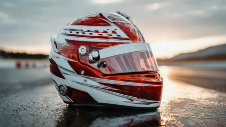 Red and white racing helmet sitting on a glossy track surface under morning lightの素材