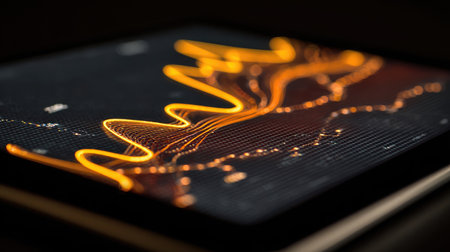 Abstract financial graph on a digital tablet screen showing fluctuating market trends with glowing linesの素材