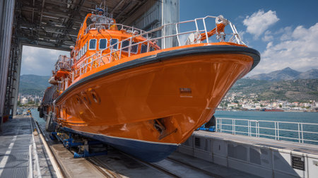 Bright orange lifeboat on a training station dock under clear skies and sea breezeの素材