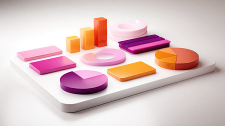 Colorful chart elements floating on a white D background in abstract infographic styleの素材