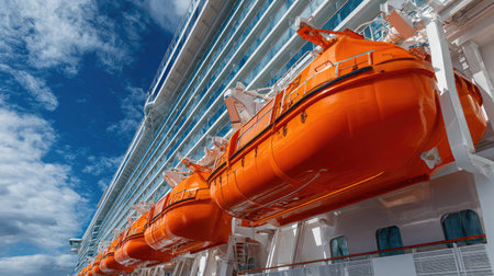 Cruise ship lifeboats seen from below, highlighting structure and bright colorsの素材