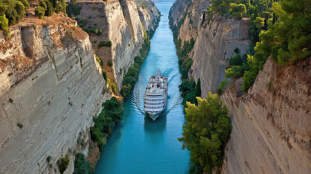 Cruise ship emerging from a narrow canal with green trees and cliffs on both sidesの素材
