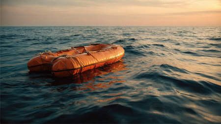 Isolated lifeboat bobbing gently on still ocean, reflecting soft sunset tonesの素材